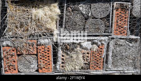 Insetto hotel casa per molte mosche, insetti, mesi, api, UN nido di insetti per una varietà di insetti fatto di materiali diversi su una calda e soleggiata primavera da Foto Stock