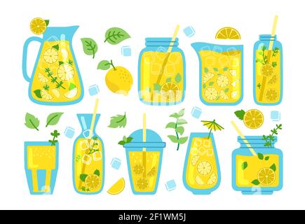 Limonata in barattolo, cocktail alla menta, set di cartoni animati. Bevande caraffe con paglia, fetta di limone. Tropic estate vasetto di vetro disegnato a mano per poster, menu limonata. Illustrazione vettoriale a colori trendy dal design piatto Illustrazione Vettoriale