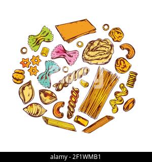 Disegna la pasta a composizione rotonda con vari prodotti alimentari e diversi tipi di maccheroni in icone decorative Illustrazione Vettoriale