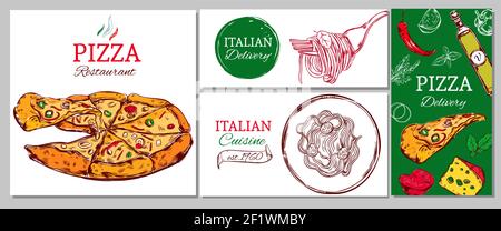 Ristorante italiano con banner aziendale con pizza pasta e diversi ingredienti Illustrazione Vettoriale