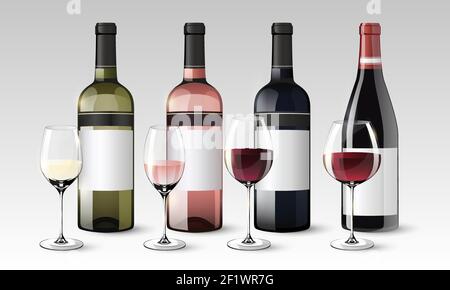 Collezione realistica di bottiglie e bicchieri di rosso bianco bevande a base di rose isolate Illustrazione Vettoriale