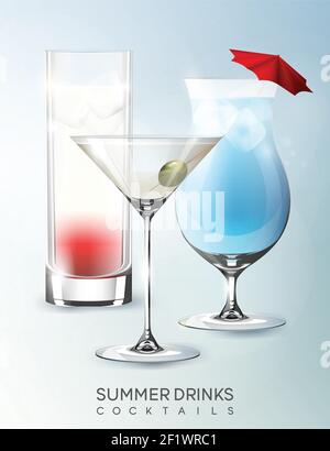 Bevande alcoliche estive modello con diversi tipi di cocktail in stile realistico isolato Illustrazione Vettoriale