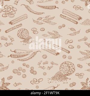 Spezie erboristiche disegnate a mano modello senza cuciture con noce moscata cannella chili pepe semi di coriandolo di cardamomo di chiodo di garofano Illustrazione Vettoriale