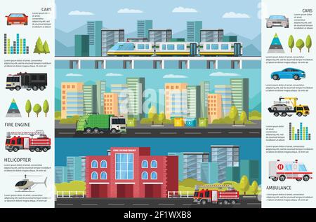 Banner orizzontali infografici per il trasporto urbano con paesaggio urbano dei veicoli pubblici municipali e diagrammi Illustrazione Vettoriale