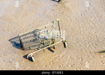 Carrello di shopping scaricato nel fango del fiume Roach a Stambridge, Rochford, Essex, Regno Unito. Inquinamento ambientale Foto Stock