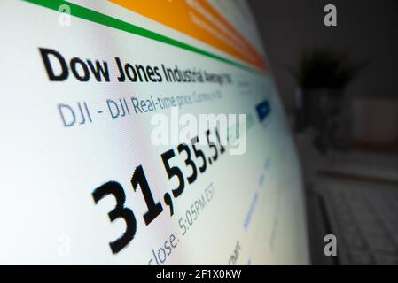 Visualizzazione ravvicinata dell'indice Dow Jones sulla pagina Web di Yahoo Finance Foto Stock