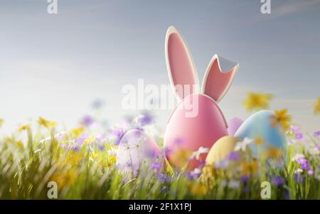 Caccia all'uovo di Pasqua. Uova di colore pastello festive con orecchie di coniglio in un prato di fiori selvatici. Illustrazione 3D. Foto Stock