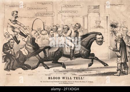 Il sangue lo dirà! La Grande gara per il concorso presidenziale, tra il cavallo di guerra occidentale, U. S. Grant, E l'asino di Manhattan - 1868 elezione presidenziale Cartoon - Stampa mostra una corsa con due cavalli, uno con la testa di Ulysses Grant e l'altro con la testa di Horatio Seymour, i candidati presidenziali per il 1868. Il cavallo Grant, guidato da Schulyer Colfax, è in testa mentre il cavaliere del cavallo Seymour, Frederick Preston Blair, è in testa. Un cavolo pende di fronte al cavallo Seymour per invogliarlo a muoversi in avanti, mentre David Ross Locke, etichettato come 'Nasby' torce il suo tai Foto Stock