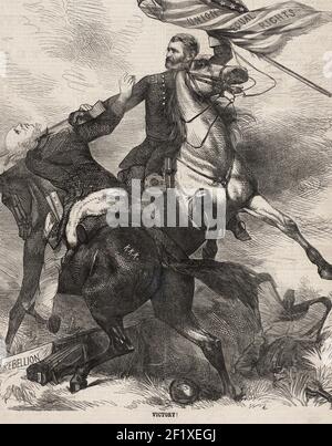 Vittoria! Caricatura di Ulisse S. Grant, a cavallo, con bandiera statunitense etichettata 'Union Equal Rights' e decapitazione di Horatio Seymour, che sta cavalcando un cavallo etichettato K.K.K. - Cartoon politico, elezioni presidenziali del 1868 Foto Stock