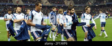 Nicolas Mas, il capitano Thierry Dusautoir, Yannick Forestier e Maxime Medard di Francia prima della partita di rugby Union tra Francia e Tonga il 16 novembre 2013 allo stadio Oceane di le Havre, Francia. Foto Philippe Millereau / KMSP / DPPI Foto Stock