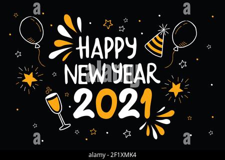 Felice biglietto d'auguri per la festa di Capodanno 2021. Doodle di festa disegnata a mano per l'evento di festa. Include una stella d'oro, una mongolfiera e una bevanda a base di champagne. Illustrazione Vettoriale