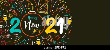 Illustrazione del banner Web di Happy New Year 2021. Colorato ornamento natale bauble con festa doodle decorazione. Include esplosione da fuochi d'artificio, palloncino, co Illustrazione Vettoriale