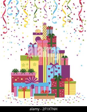 Confezioni regalo o confezioni regalo confezionate. Pila di regali avvolti in carta colorata e legati con nastri. Natale, Capodanno Illustrazione Vettoriale