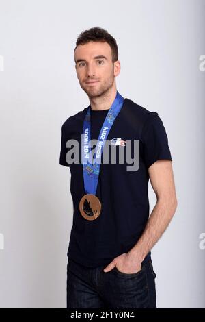Ritratto di Jean-Guillaume Beatrice, medaglia di bronzo della Biathon 12.km inseguimento durante i XXII Giochi Olimpici invernali Sotchi 2014, al Club France, 11 febbraio 2014 a Sochi, Russia. KMSP / DPPI della piscina fotografica Foto Stock