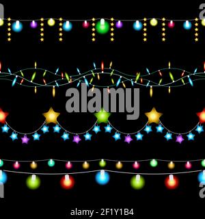Luci di Natale colorate vettoriali motivi orizzontali senza cuciture. Ghirlande per le schede di compleanno e l'arredamento degli inviti Illustrazione Vettoriale