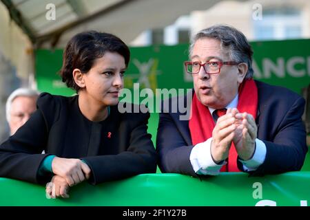 Najat Vallaud-Belkacem, Bernard Amsalem durante la Maratona di Parigi 2014, Francia, 6 aprile 2014, Foto Julien Crosnier / KMSP / DPPI Foto Stock