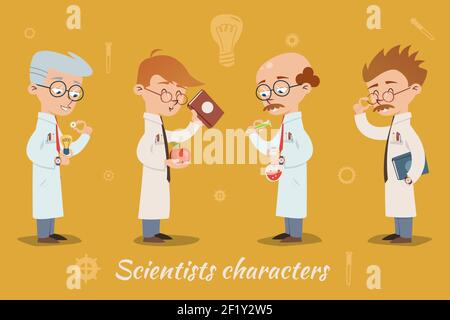 Set di quattro personaggi di scienziati vettoriali che indossano occhiali e laboratori cappotti e libri di tenuta vetreria da laboratorio o attrezzature diverse età di tutti gli uomini Illustrazione Vettoriale