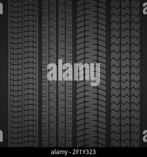 Set di stampe di diversi tipi di pneumatici su sfondo grigio scuro. Illustrazione vettoriale Illustrazione Vettoriale