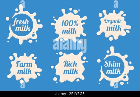 Set vettoriale etichette latte. Disegno splash and blot, forma illustrazione creativa Illustrazione Vettoriale