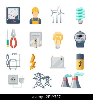 Insieme vettoriale piatto icone del settore elettrico ed elettrico. Trasformatore e presa, spina e capacità, simbolo dell'energia, illustrazione vettoriale Illustrazione Vettoriale