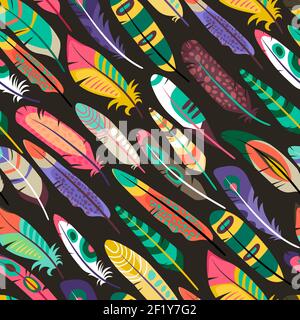 Colorato motivo obliquo senza giunture con piume da uccelli esotici o. peacocks concetto di fauna selvatica o diversità naturale Illustrazione Vettoriale