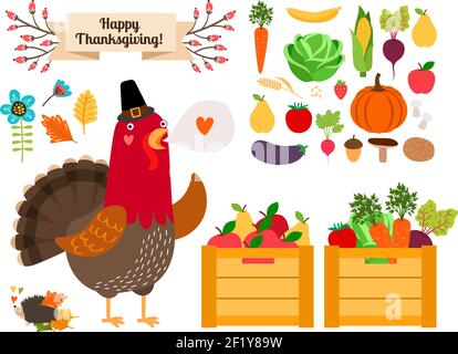 Raccolta clip art. Frutta e verdura vettoriale per il Ringraziamento e menu. Gallo con la vendemmia. Con amore Illustrazione Vettoriale