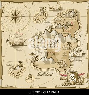 Mappa vettoriale dell'isola del tesoro in stile disegnato a mano. Avventura in mare, navigazione oceanica, pergamena planimare e percorso, mostro e illustrazione del petto Illustrazione Vettoriale