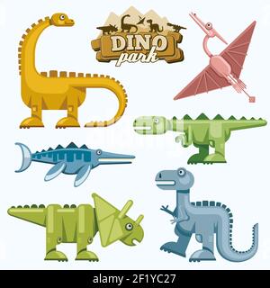 Dinosauro e animali preistorici icone piatte set. Pterodattilo tirannosauro triceratop e brontosauro, illustrazione vettoriale Illustrazione Vettoriale