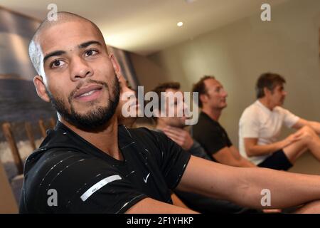 Benjamin Compaore durante la squadra di atletica francese Thalasso a Thermes a Saint-Malo, Francia, il 6 novembre 2014. Foto Philippe Millereau / KMSP / DPPI Foto Stock