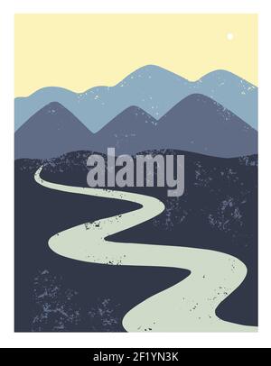 Paesaggio minimalista astratto con montagne e fiume. Illustrazione vettoriale Illustrazione Vettoriale