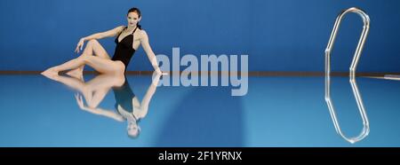 Prima sessione di allenamento di Virginie Dedieu per la sua rimonta in duo misto sincronizzato nuoto, all'INSEP di Parigi il 18 marzo 2015 - Foto Philippe Millereau / KMSP / DPPI Foto Stock