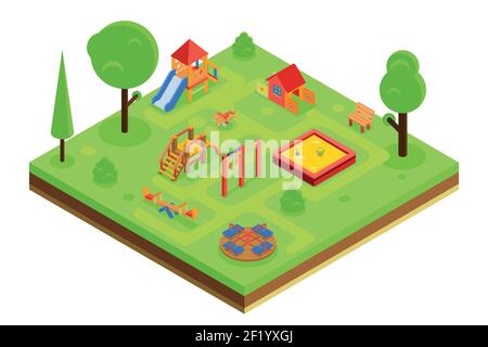 Parco giochi per bambini in stile piatto isometrico. Kindergarden con panca a carosello in sabbia. Illustrazione vettoriale Illustrazione Vettoriale