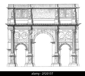 Antica incisione ottocentesca dell'arco di Costantino a Roma. Pubblicato in Systematischer Bilder-Atlas zum Conversations-Lexikon, Ikonogra Foto Stock