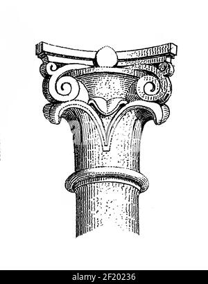 Antica illustrazione delle capitali dalla Cattedrale di Speyer. Pubblicato in Systematischer Bilder-Atlas zum Conversations-Lexikon, Ikonographische Encyklopae Foto Stock