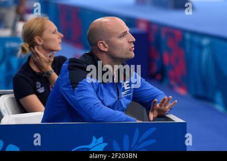 Jean Yves Robin coaches Julie Huin di Francia come compete in Fencing Femminile individuali EPEE contro Anne Sauer della Germania durante i Giochi europei 2015 a Baku, Azerbaigian, giorno 12, il 24 giugno 2015 - Foto Jean-Marie Hervio / KMSP / DPPI Foto Stock