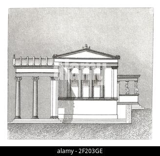 Antica illustrazione del XIX secolo dell'Erechtheum di Atene. Pubblicato in Systematischer Bilder-Atlas zum Conversations-Lexikon, Ikonographische Enc Foto Stock