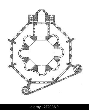 Antica incisione ottocentesca di una pianta della basilica di San vitale a Ravenna. Pubblicato in Systematischer Bilder-Atlas zum Conversat Foto Stock