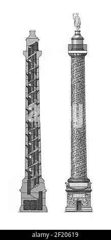 Antica illustrazione ottocentesca della colonna di Traiano a Roma. Pubblicato in Systematischer Bilder-Atlas zum Conversations-Lexikon, Ikonographisc Foto Stock