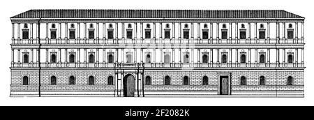 Antica illustrazione di Palazzo della Cancelleria a Roma. Pubblicato in Systematischer Bilder-Atlas zum Conversations-Lexikon, Ikonographische Foto Stock