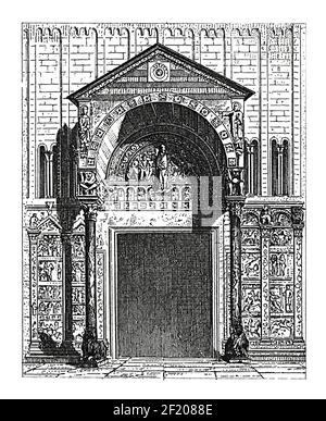 Antica illustrazione ottocentesca del portale della Basilica di San Zeno. Pubblicato in Systematischer Bilder-Atlas zum Conversations-Lexikon, Ikonographisc Foto Stock