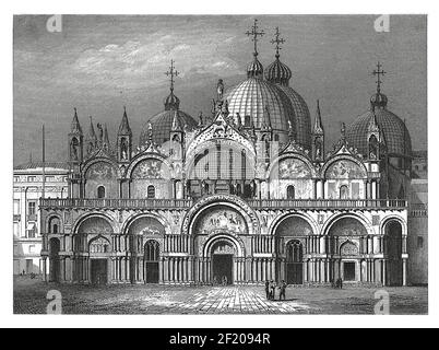 Antica incisione ottocentesca della Basilica di San Marco a Venezia. Pubblicato in Systematischer Bilder-Atlas zum Conversations-Lexikon, Ikonographi Foto Stock