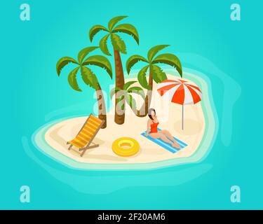 Concetto di vacanza isola isometrica con donne sole palme reclinabili ombrello salvagente sulla spiaggia in forma di cuore illustrazione vettoriale Illustrazione Vettoriale