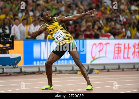 Usain Bolt (JAM) vince la Medaglia d'Oro in finale maschile di 100 metri durante i Campionati del mondo IAAF, Pechino 2015, allo Stadio Nazionale, a Pechino, Cina, giorno 2, il 23 agosto, 2015 - Foto Julien Crosnier / KMSP / DPPI Foto Stock