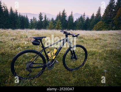 Collina erbosa con bicicletta da turismo a più velocità con bottiglie d'acqua gialle in gabbie. Mountain bike o pedalare sull'erba con alberi di conifere e colline sullo sfondo. Concetto di mountain bike. Foto Stock