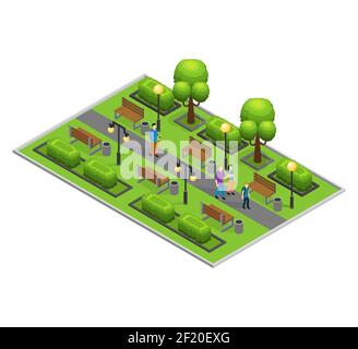 Concetto di parco cittadino isometrico con gente che cammina alberi verdi cespugli lanterne e banchi illustrazione vettoriale Illustrazione Vettoriale