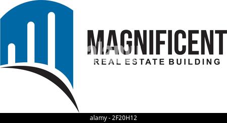 Logo immobiliare incorporato in lettera M con disegno edilizio modello Illustrazione Vettoriale