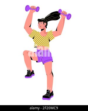 Giovane donna che fa esercizi sportivi con manubri, cartoon piatto illustrazione vettoriale. Illustrazione Vettoriale