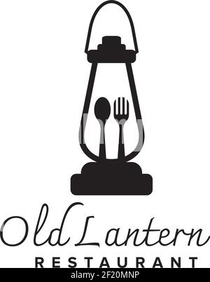 Vecchio logo lanterna incorporato con forchetta e cucchiaio come ristorante modello di design del logo Illustrazione Vettoriale