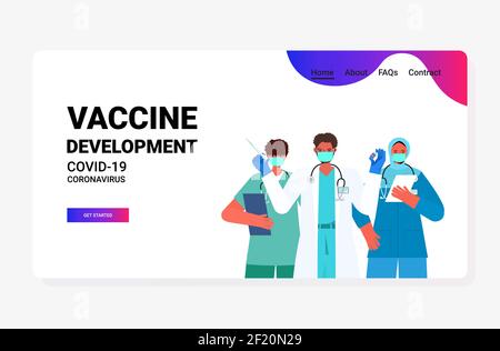 i medici lavorano in maschere mediche contenenti siringhe e flaconi coronavirus vaccino sviluppo immunizzazione medica concetto di campagna orizzontale vettore ritratto illustrazione Illustrazione Vettoriale