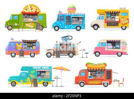 Camion alimentari automobili vettoriali isolate, furgoni cartoni animati per la vendita di cibo di strada. Ristorante Cafe su ruote, trasporto con menu fast food, pizza Illustrazione Vettoriale